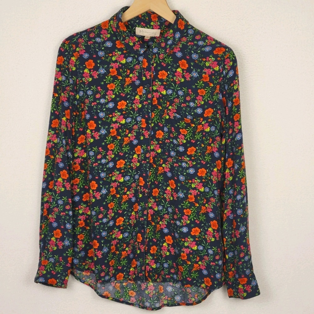 Philosophy Floral Button Front Blouse Womens S Navy Viscose Cottagecore‎